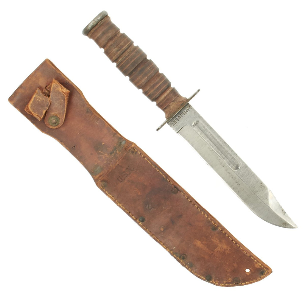 Original U.S. WWII USMC Early Mark 2 KA-BAR Fighting Knife by CAMILLUS with Named Leather Scabbard Original Items
