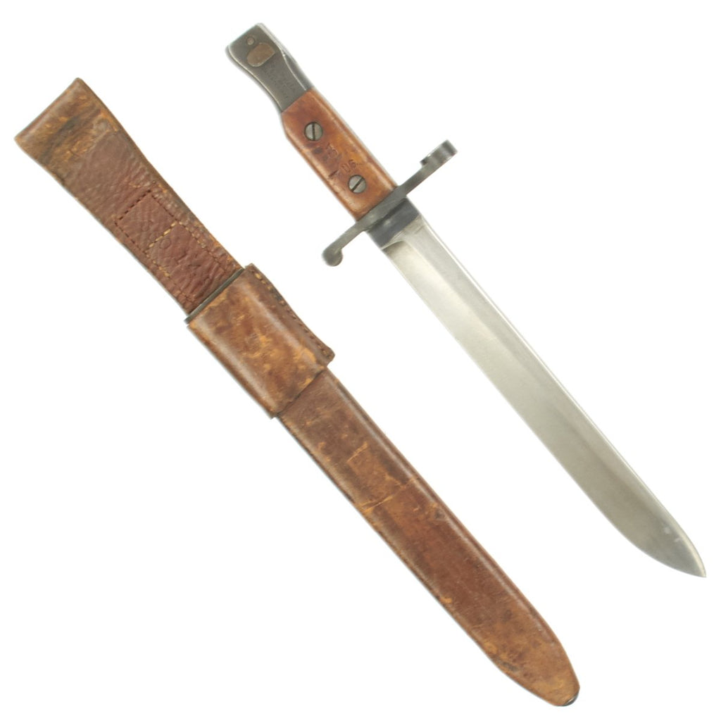 Original Canadian WWI Mk.I Ross Rifle Bayonet and Leather Scabbard with U.S. WWI Surcharges - dated 1910 Original Items