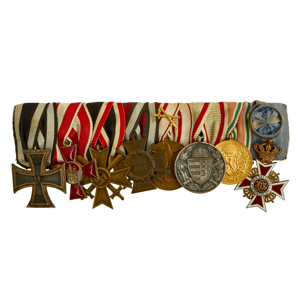 Original German WWI & WWII Era Medal Bar with 1914 EKII, KvKII with Swords & Hindenburg Cross - 8 Awards Original Items