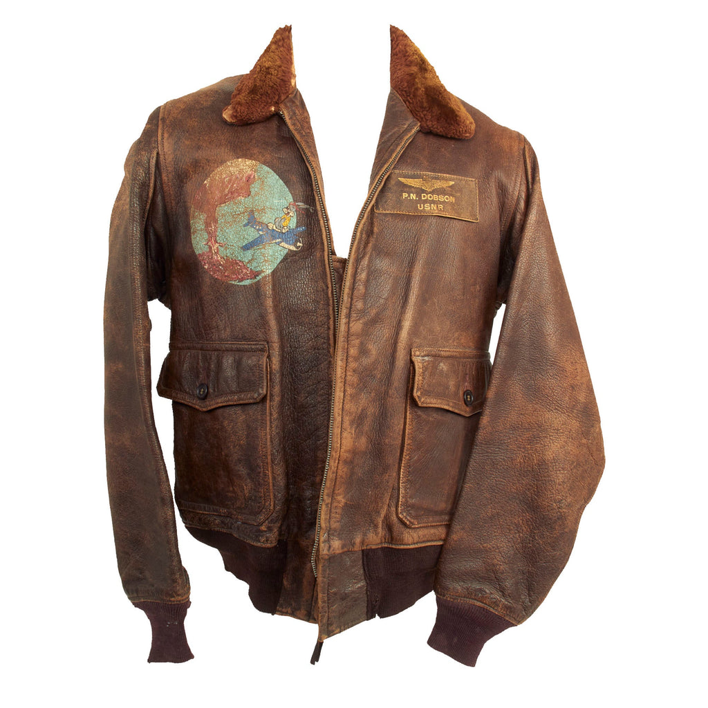 Original U.S. WWII Named US Navy Bomber Squadron G-1 Leather Flying Jacket Featuring Bugs Bunny Squadron Artwork - P.N. Dobson USNR Original Items