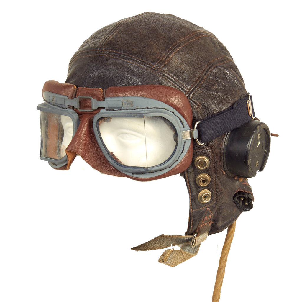Original British WWII RAF Type C Leather Flying Helmet with Unissued Mk. VIII Goggles In Box - Named N. Prowling Original Items