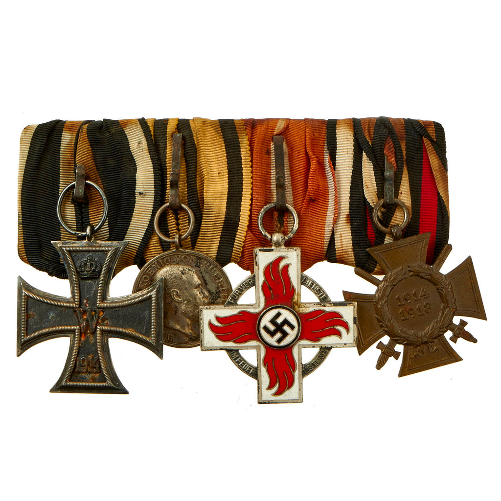 Original German WWI & WWII Medal Bar Featuring Iron Cross 1914 2nd Class and WWII Fireman’s 2nd Class Award - 4 Total Medals Original Items