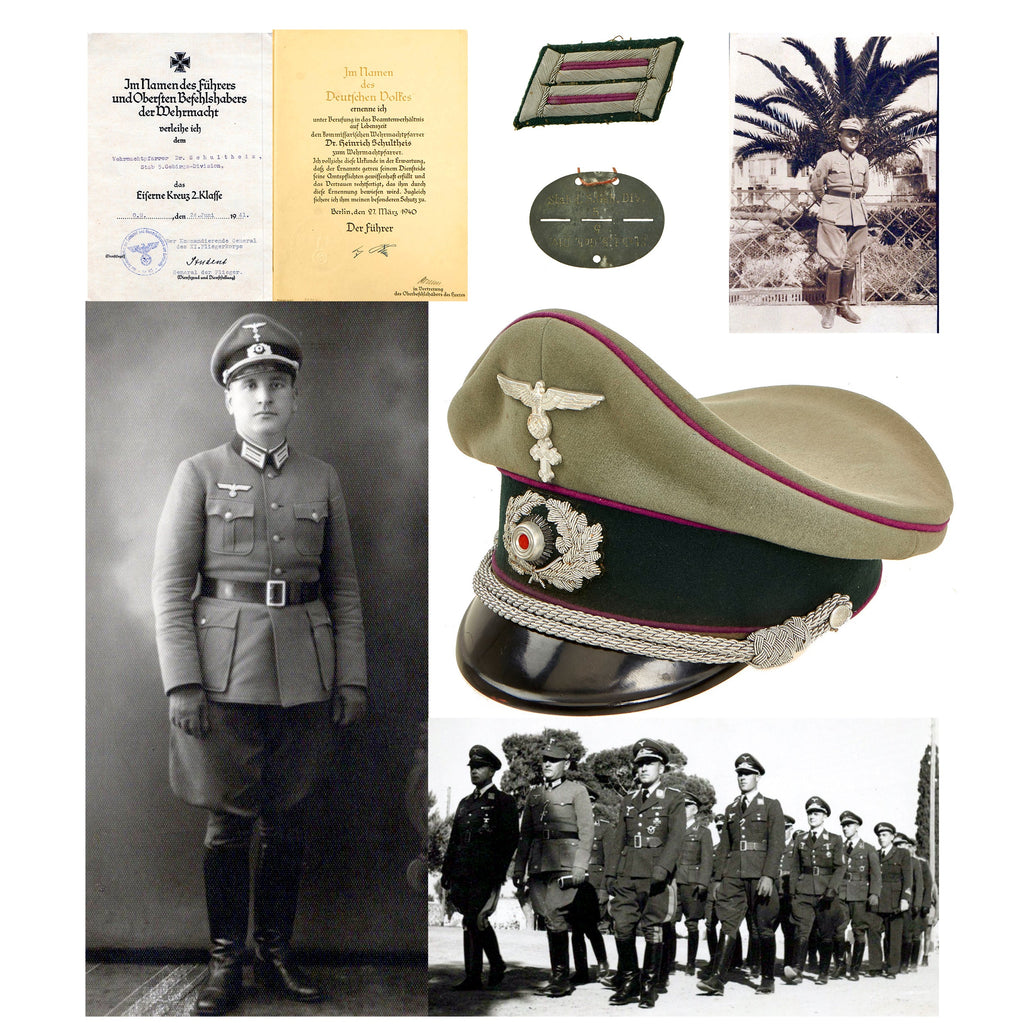 Original German WWII Dr. Heinrich Schultheis 5th Mountain Division Chaplain Visor Cap and Photo Document Collection with EKII Award Certificate Signed by General Kurt Student after Battle of Crete 1941 Original Items