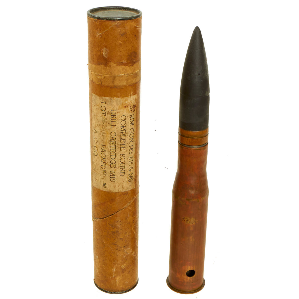 Original U.S. WWII Inert 37mm M13 Drill Round For M3, M5 and M6 Guns With Matched Storage Tube - Dated 1942 Original Items