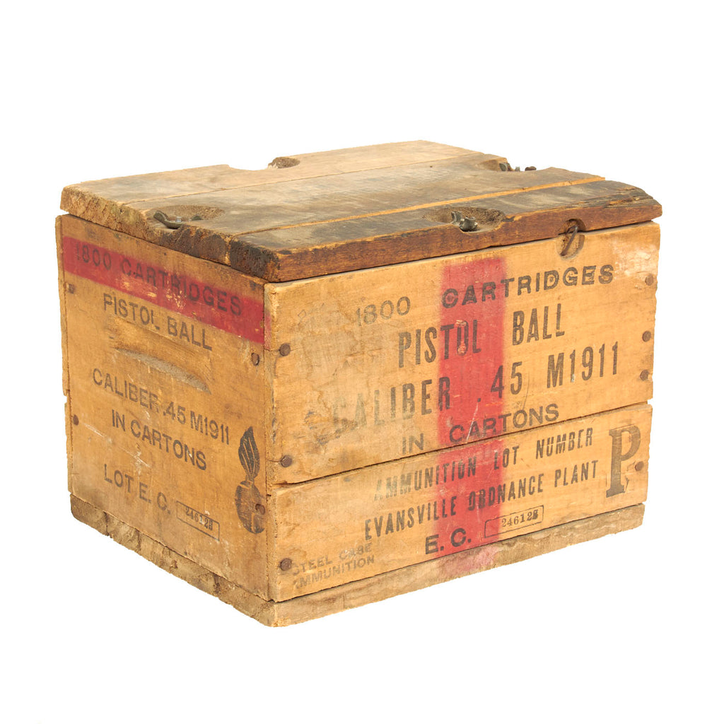 Original U.S. WWII Colt M1911 .45 ACP 1800 Cartridge Wooden Ammunition Crate - Evansville Ordnance Plant Original Items