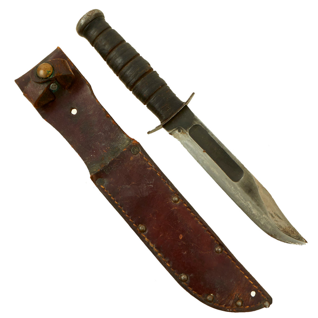 Original U.S. WWII Named USMC Mark 2 KA-BAR Fighting Knife by Union Cutlery with Matched Leather Scabbard Original Items