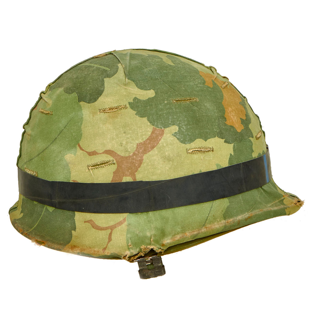 Original U.S. Vietnam War M1 Helmet With Mitchell Pattern Camouflage Helmet Cover, M-151 "Mutt" Inner Tube Band With “Bug Juice” Insect Repellent and Liner - Unissued Condition Original Items