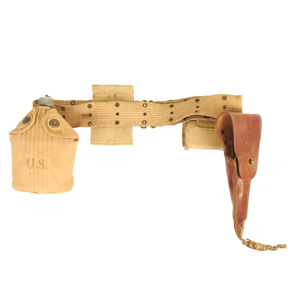 Original U.S. WWI M-1910 Pistol Belt Rig Featuring M1916 Holster for 1911 .45 Automatic, Magazine Pouch, Carlisle Bandage Pouch With Bandage and Complete Canteen Set - All 1917 and 1918 Dated Original Items