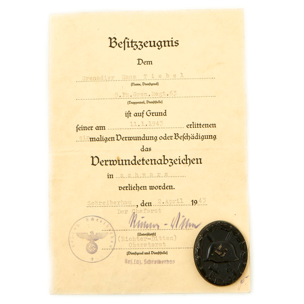 Original German WWII Black 3rd Class Wound Badge with Named Award Document - Dated 1943 Original Items
