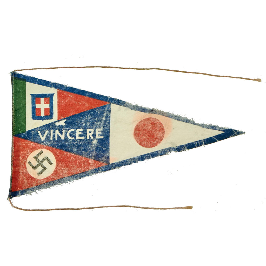 Original Italian WWII Axis Powers Friendship Pennant - Italian, German, and Japanese Emblems - 5 1/2" x 10 1/4" Original Items