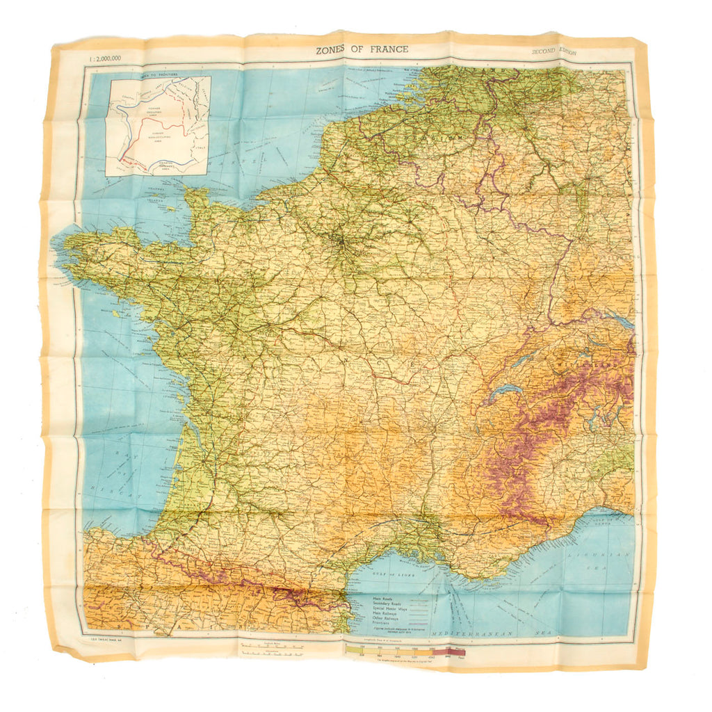 Original U.S. WWII Airborne "Zones of France" D-Day Silk Map - Dated March 1944 - WEA Western European Area - 22 ½” x 24” Original Items