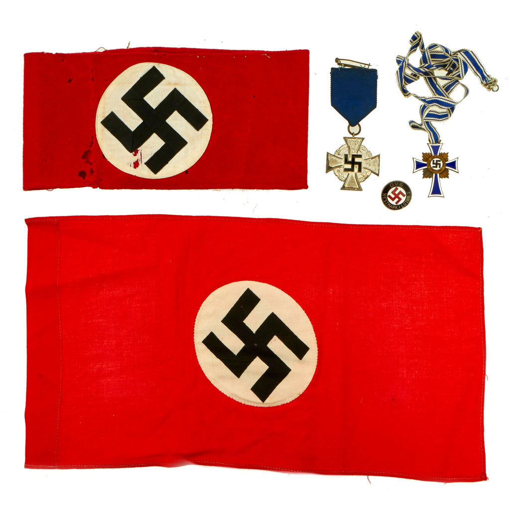 Original German WWII USGI Bring Back Lot with Small Signed Flag, Armband, Mother's Cross & More - 5 Items Original Items