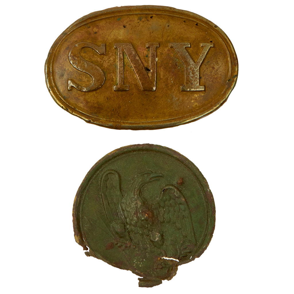 Original U.S. Civil War SNY State of New York Buckle and Cartridge Box Sling Eagle Breast Plate Lot Ground Dug at Manassas, Battle of Bull Run Area - 2 Items Original Items
