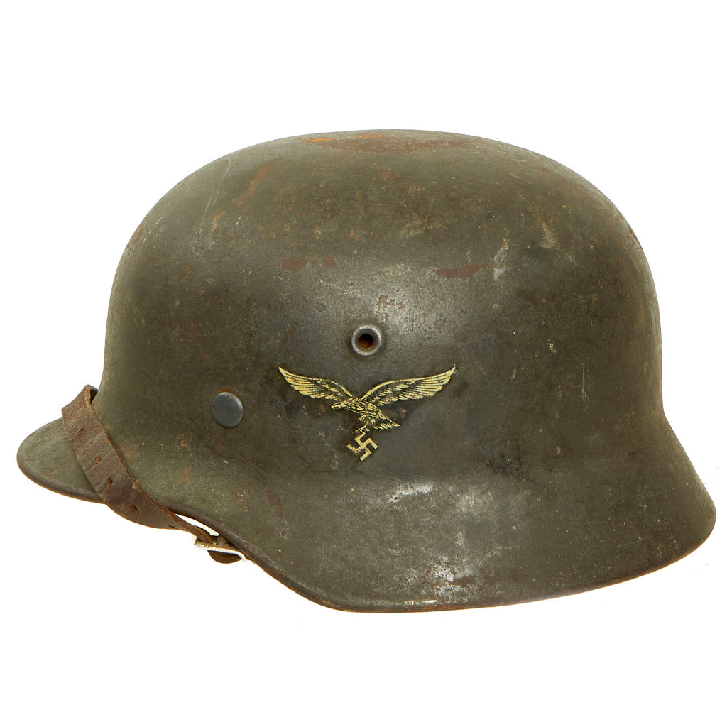 Original German WWII Named Luftwaffe M35 Double Decal Steel Helmet with Liner & Chinstrap - marked Q64 Original Items