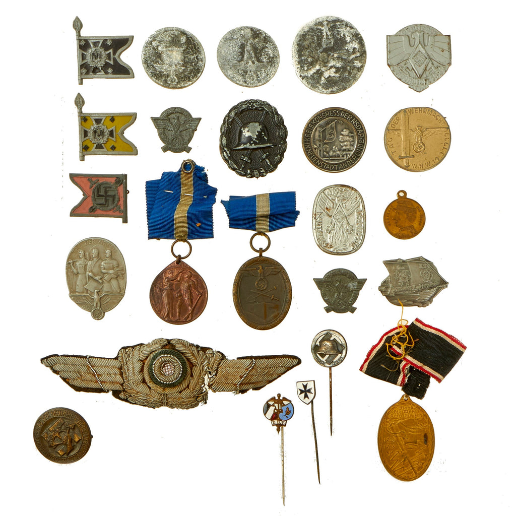Original German WWI & WWII Medal and Tinnie Pins Lot Featuring WWI Wound Badge- 25 Items Original Items
