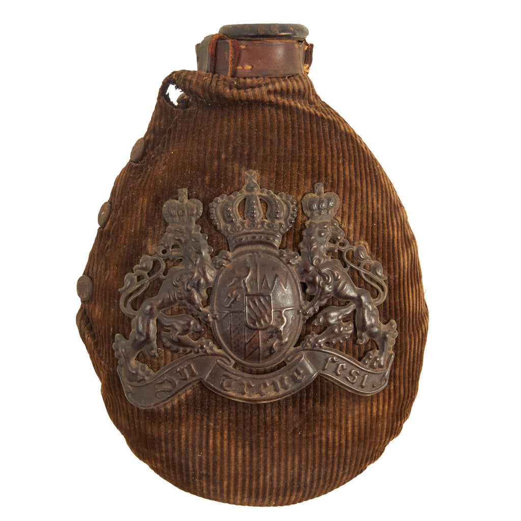 Original German WWI Infantry M1915 Canteen Feldflasche With Corduroy Cover That Features Bavarian Pickelhaube Wappen Front Plate Original Items