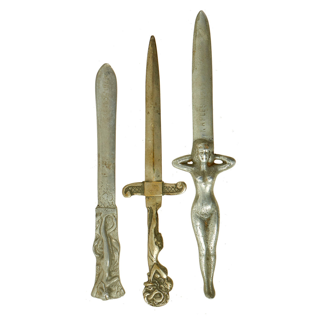 Original U.S. WWII Italian Naked Woman Aluminum Knife Letter Opener Set - USGI Souvenir Trench Art - 3 Items Original Items