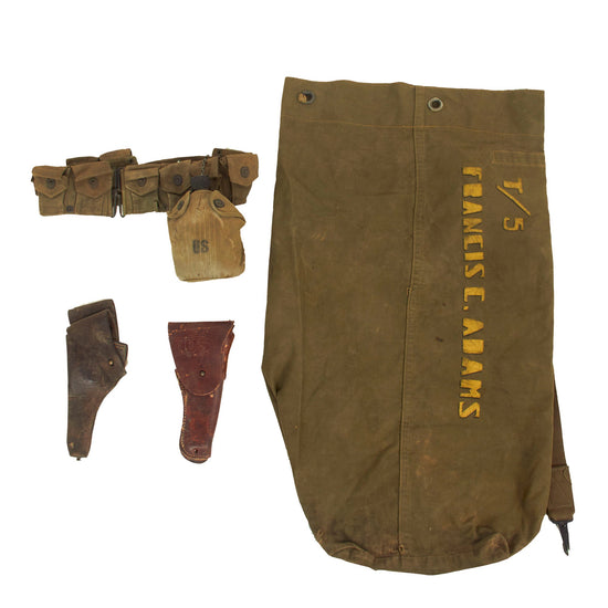 Original U.S. WWI and WWII M-1923 Cartridge Belt Rig With Canteen Lot Featuring WWI M1909 Revolver Holster, M1916 Holster and Named / Painted Sea Bag - 5 Items Original Items