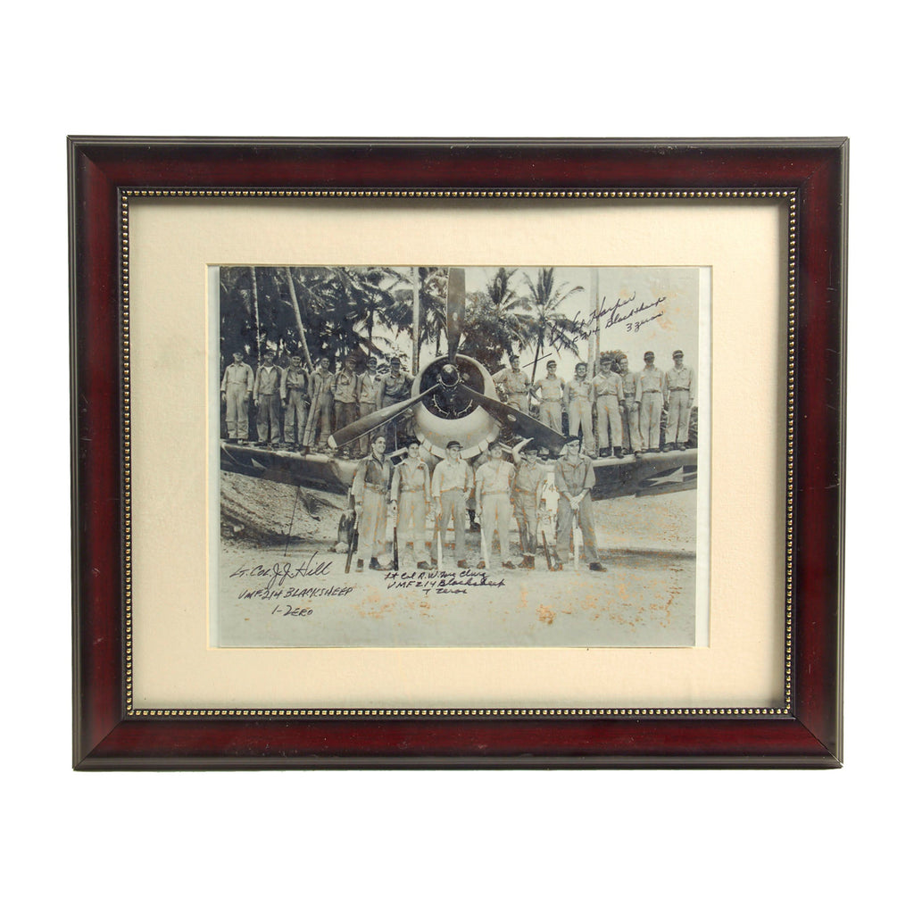 Original Signed Picture: U.S. WWII “Black Sheep” Marine Fighter Squadron 214 Framed Picture Signed by Pilots Ed Harper, Robert McClurg and James Hill - 16 ¼” x 13 ¼” Original Items