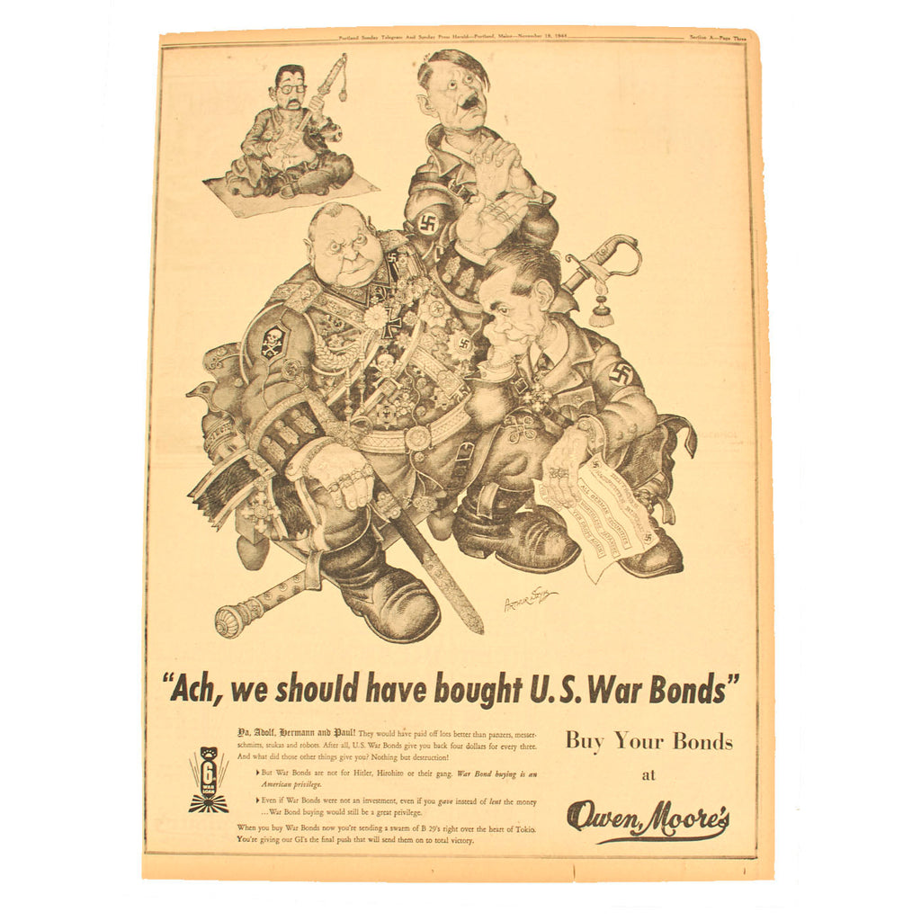 Original U.S. WWII Newspaper War Bonds Ad Featuring Artwork by Arthur Szyk - Portland Sunday Telegram and Sunday Press Herald, Portland, Maine, November 19, 1944 Original Items