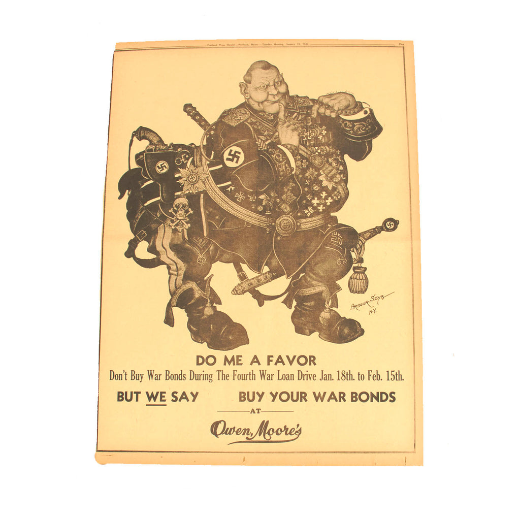 Original U.S. WWII Newspaper War Bonds Ad Featuring Artwork by Arthur Szyk - Portland Sunday Telegram and Press Herald, Portland, Maine, January 18, 1944 Original Items