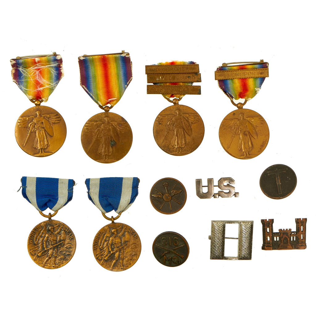 Original U.S. WWI Government and State Awarded Victory Medal Lot With Insignia and 31st Aero Squadron Marked Collar Disc - 12 Items Original Items