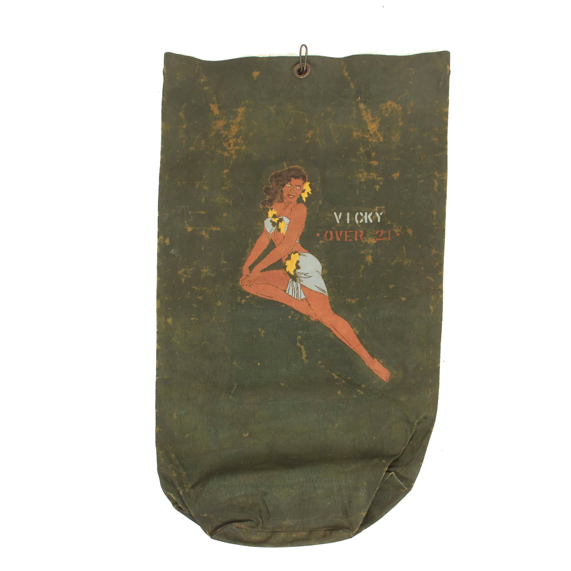 Original WWII Named Marine Corps Sea Bag Featuring Painted Pin Up Girl “Nose Art”- 38” x 22”