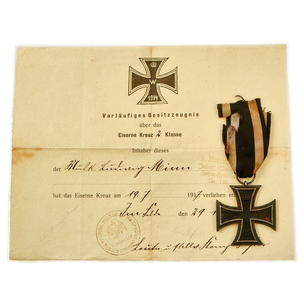 Original Imperial German WWI Prussian Iron Cross 2nd Class 1914 with Ribbon & Award Document - EKII Original Items