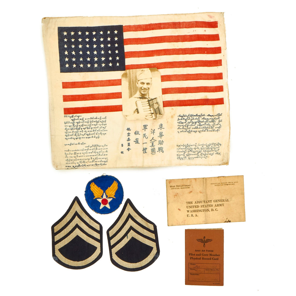 Original U.S. WWII Named CBI Blood Chit Grouping For B-29 Tail Gunner With 35 Missions With The 40th Bomb Squadron, 6th Bomb Group, Staff Sergeant Joseph J. Majeski Jr - 6 Items Original Items
