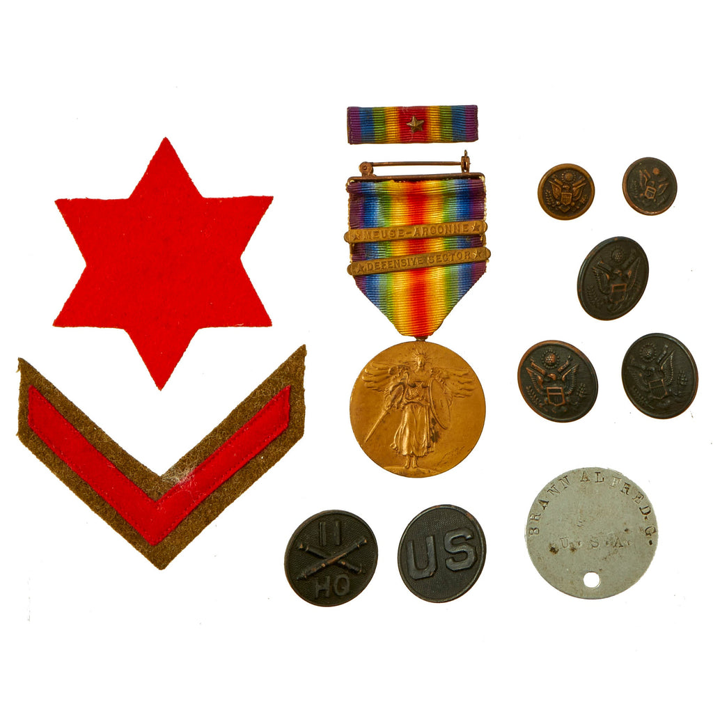 Original U.S. WWI Named 11th Field Artillery Regiment Headquarters, 6th Infantry Division Grouping Featuring Victory Medal, Dog Tag and Uniform Insignia - 12 Items Original Items