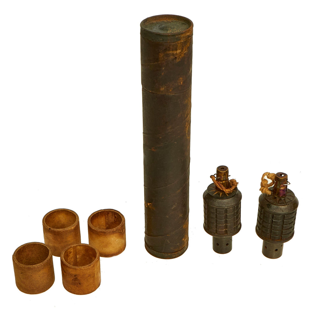 Original Japanese WWII Inert Type 91 Hand Fragmentation Grenades with Boosters and Original Cardboard Tube; Dated 1938 and 1941 - Inert Original Items