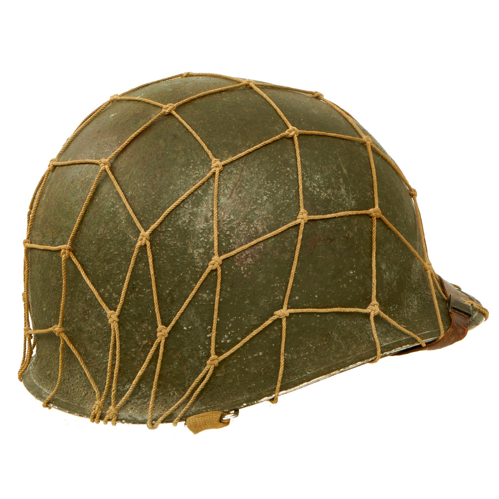 Original U.S. WWII Laundry Number Marked McCord Front Seam Swivel Bale M1 Helmet with Net and Firestone Liner - Complete Original Items