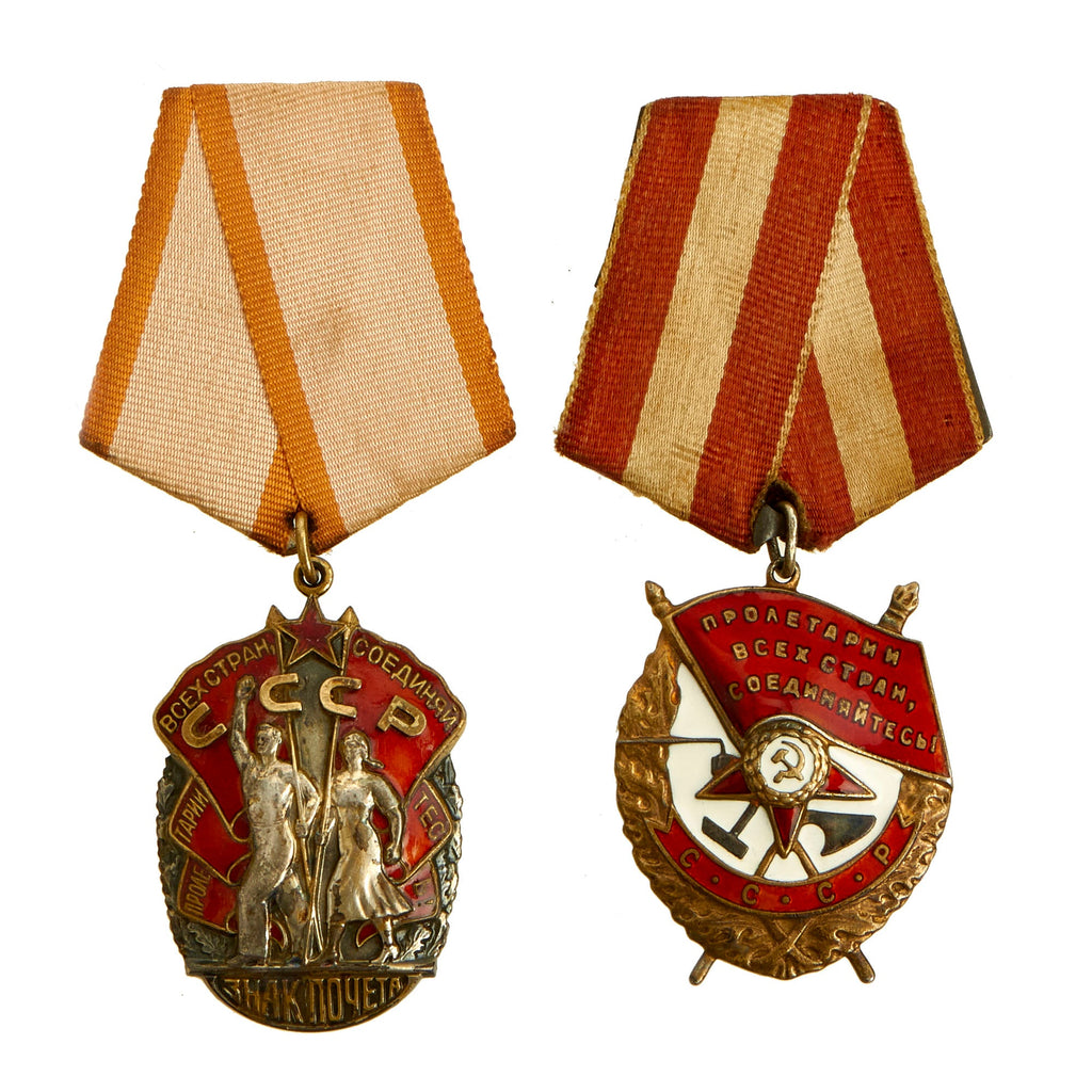 Original Soviet WWII Order of the Red Banner and Order of the Badge of Honor Medal Lot - (2) Numbered Medals Original Items