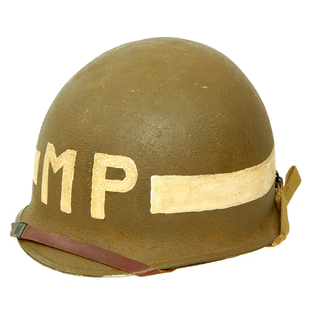Original U.S. WWII Matched 1943 M1 McCord Fixed Bale Front Seam Helmet with Westinghouse Liner - Both Military Police “MP” Painted Original Items