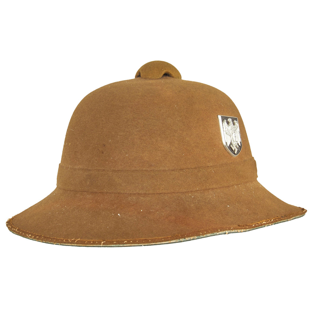 Original German WWII Service Worn 2nd Model 1942 dated Afrikakorps DAK Sun Helmet by JHS with Badges - Size 56 Original Items