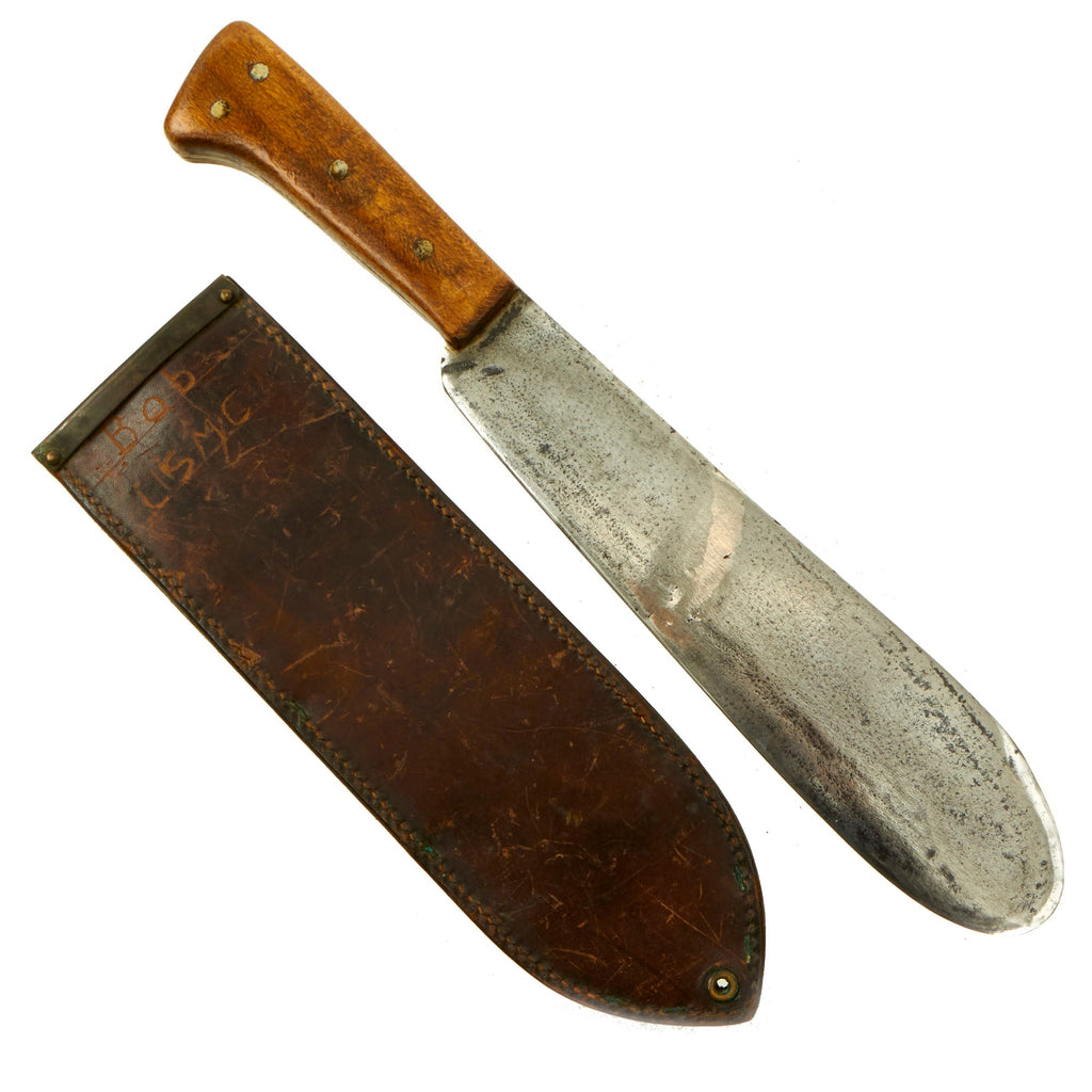 Original U.S. WWII USMC Bolo Knife by Chatillon, N.Y. with BOYT 1942 Scabbard With Locations Etched into the Back like Guadalcanal, Saipan and Peleliu Original Items