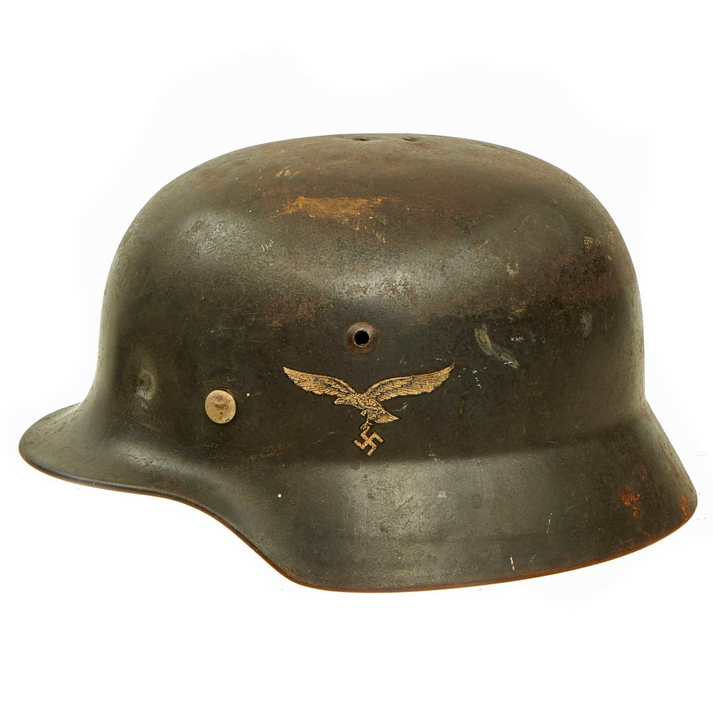 Original German WWII Battle Damaged 1939 Dated Luftwaffe M35 Double Decal Steel Helmet with 61cm Liner - marked Q68 Original Items