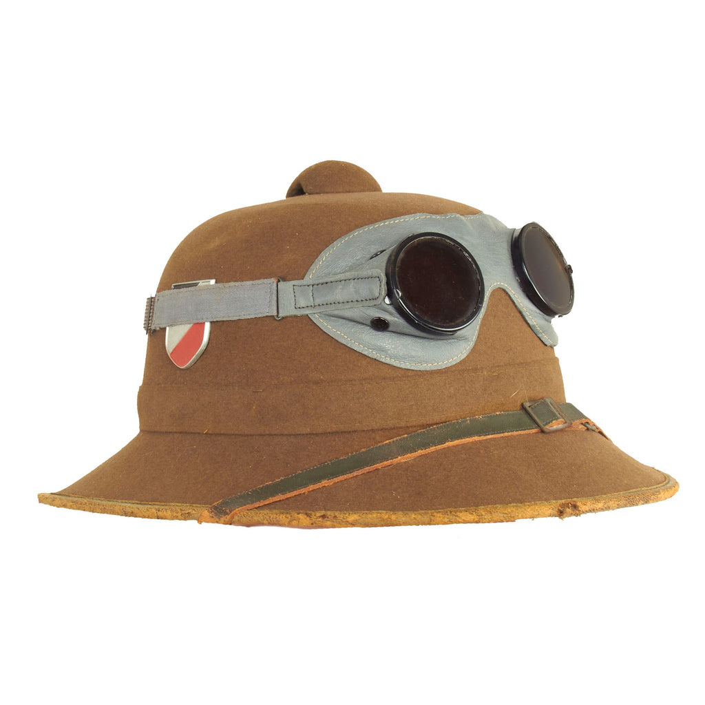 Original German WWII 1942 dated 2nd Model Afrikakorps DAK Sun Helmet by JHS with Badges & Ultrasin Goggles - size 57 Original Items