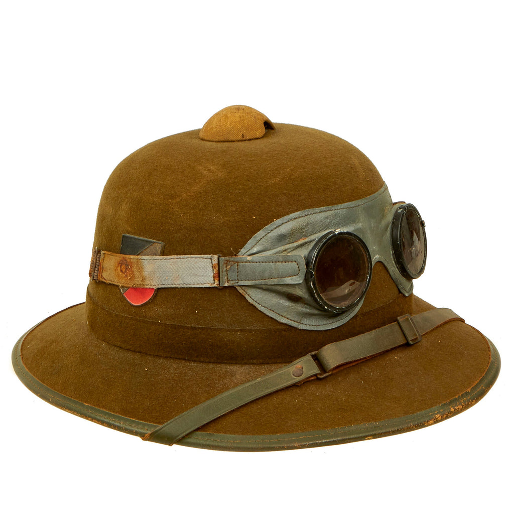 Original German WWII 1942 dated 2nd Model Afrikakorps DAK Sun Helmet by JTA with Badges & Ultrasin Goggles - size 56 Original Items