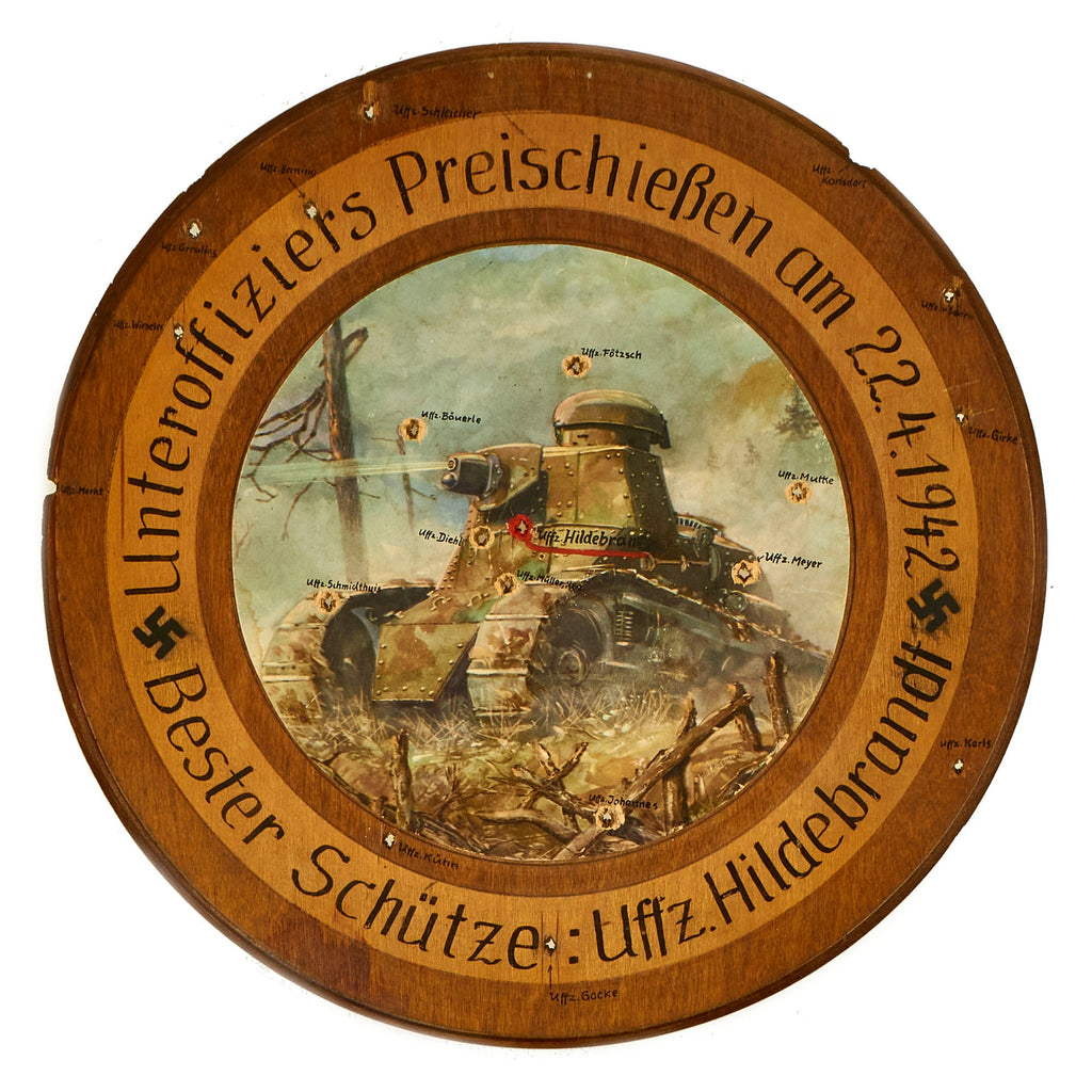 Original German WWII NCO Prize Shooting Competition Wooden Target with Panzer Tank Illustration - 15 1/2" Wide Original Items