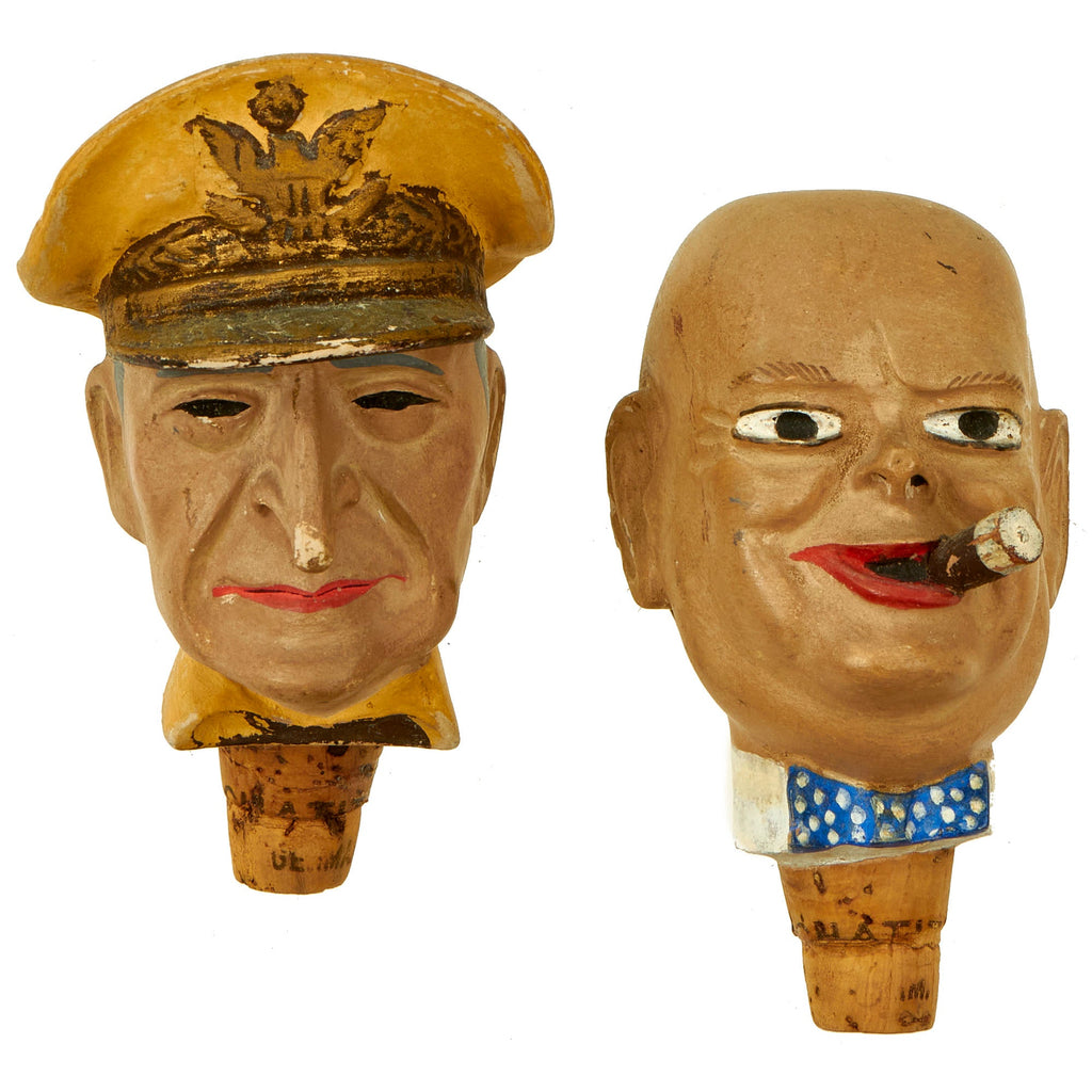 Original German Post WWII Winston Churchill and Douglas MacArthur Cork Bottle Stopper by Achatit in Cologne, Germany - 2 Items Original Items
