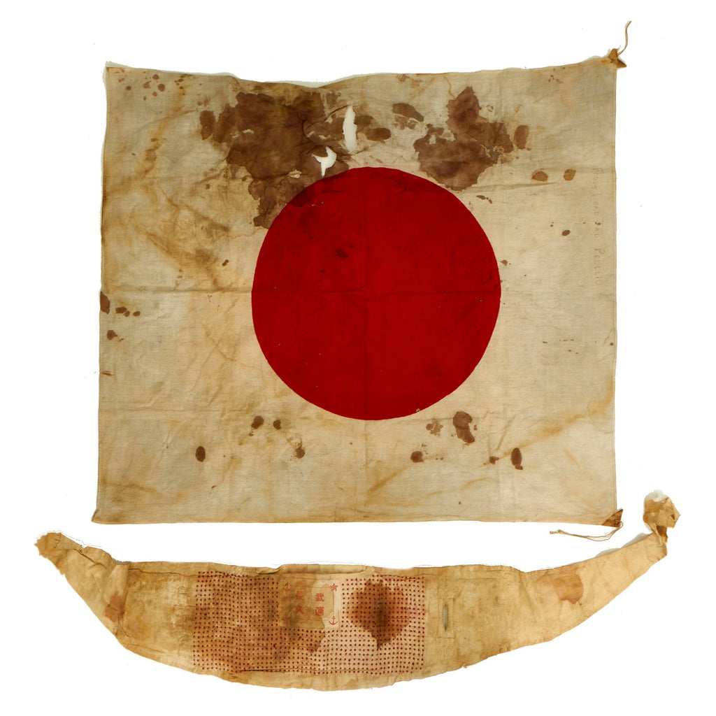 Original Japanese WWII USGI Bring Back Set Taken from KIA Japanese Soldier - Senninbari 1000 Stitch Belt & National Flag Original Items