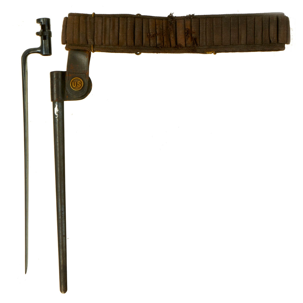 Original U.S. Spanish American War 45 Round .30-40 Krag Rifle Ammunition Belt With Trapdoor M1873 Rifle Socket Bayonet With U.S. Scabbard Original Items