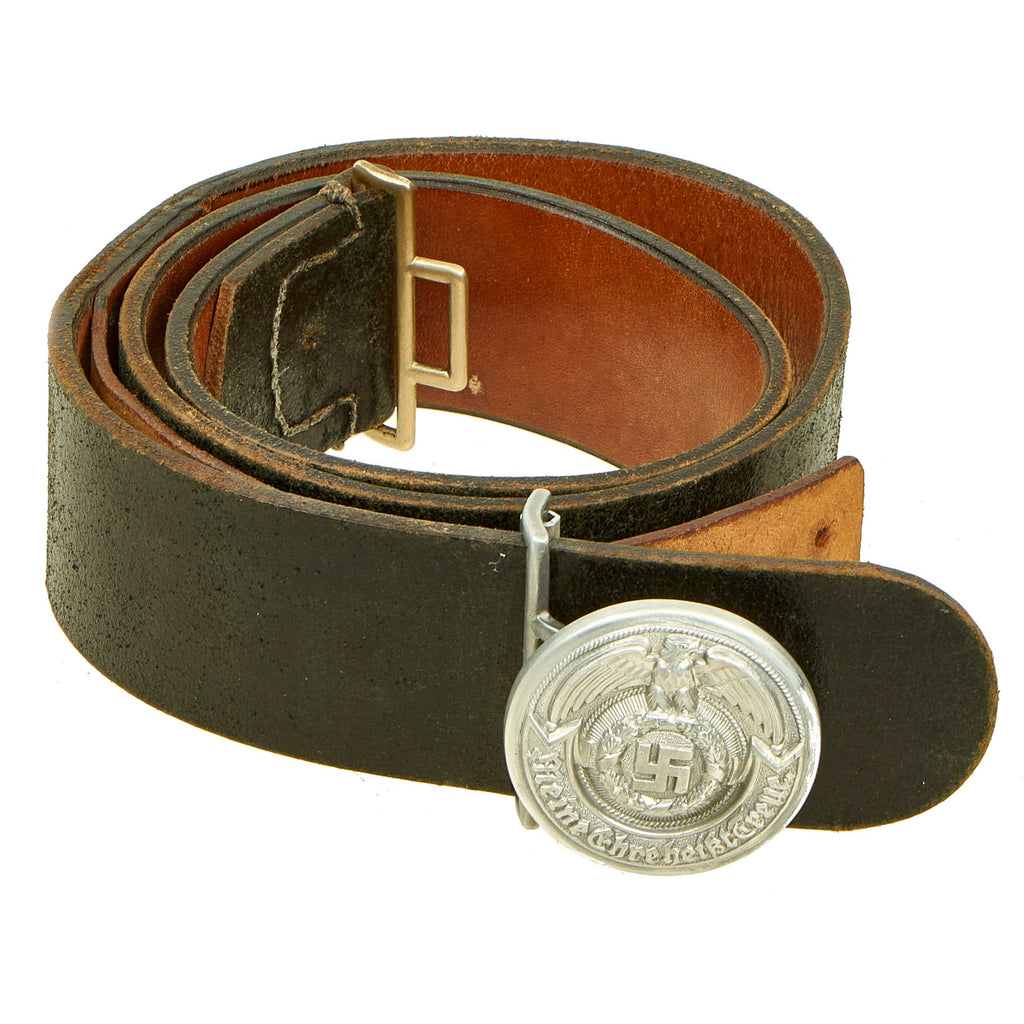 Original German WWII SS Officers Leather Belt with Aluminum Belt Buckle by Overhoff & Cie - Schutzstaffel Original Items