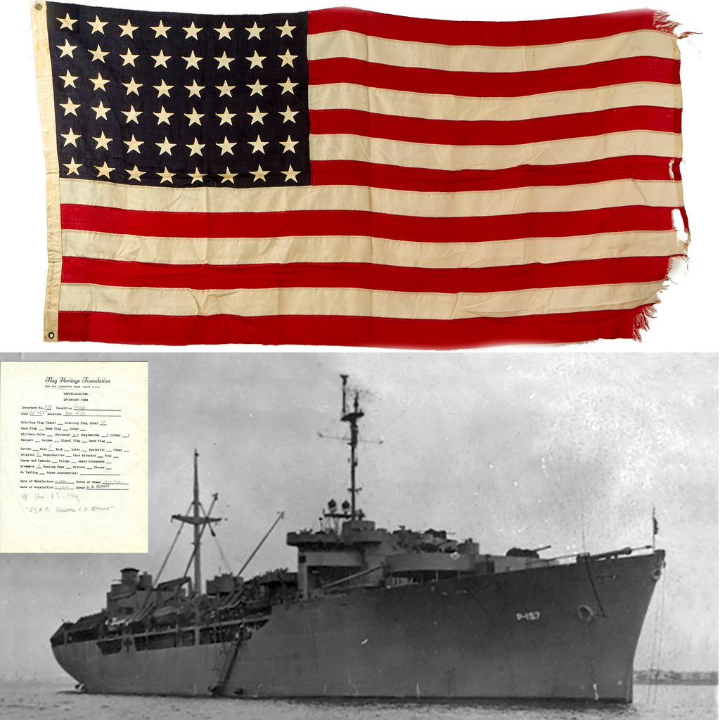 Original U.S. WWII 48 Star Naval Ensign Flown From The USS General C.C. Ballou Will Signed Letter From The Navigating Officer, As Sold By Heritage Auctions - From The Dr. Clarence R. Rungee Memorial Collection Original Items