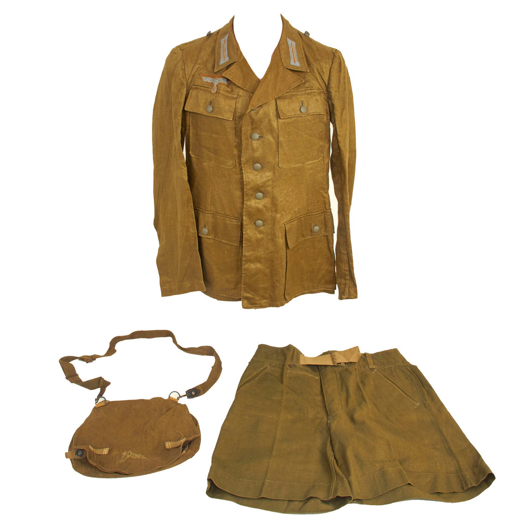 Original German WWII Afrikakorps Set: Unissued Mint Olive Green M43 Heer Army Enlisted Tunic & Shorts with Bread Bag Original Items