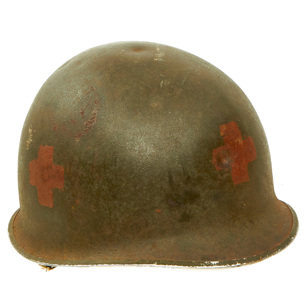Original U.S. WWII Medic 1942 M1 McCord Front Seam Fixed Bale Helmet with Westinghouse Liner Original Items