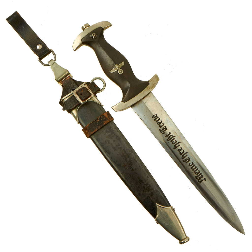 Original German WWII Early M33 SS Dagger by Heinrich Böker & Co. with Scabbard in Rare Vertical Leather Hanger Original Items