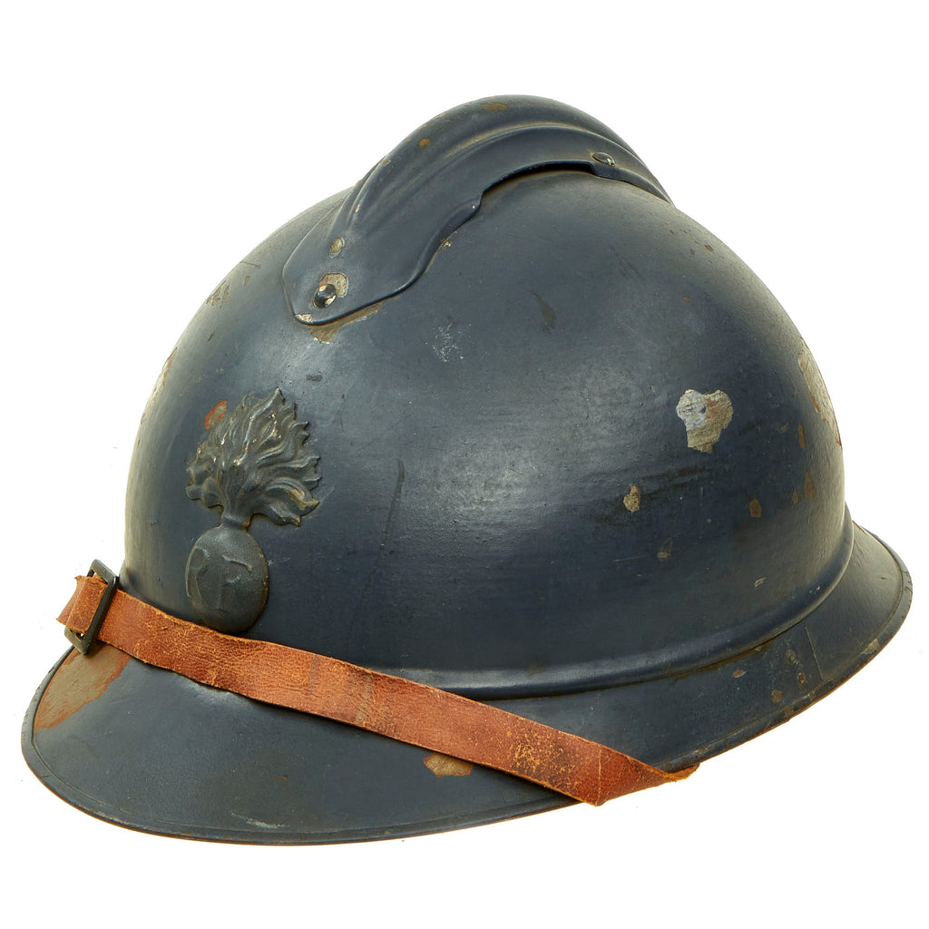 Original French WWI Issue Model 1915 Adrian Helmet in Horizon Blue with RF Badge and Second Pattern Liner - Complete Original Items