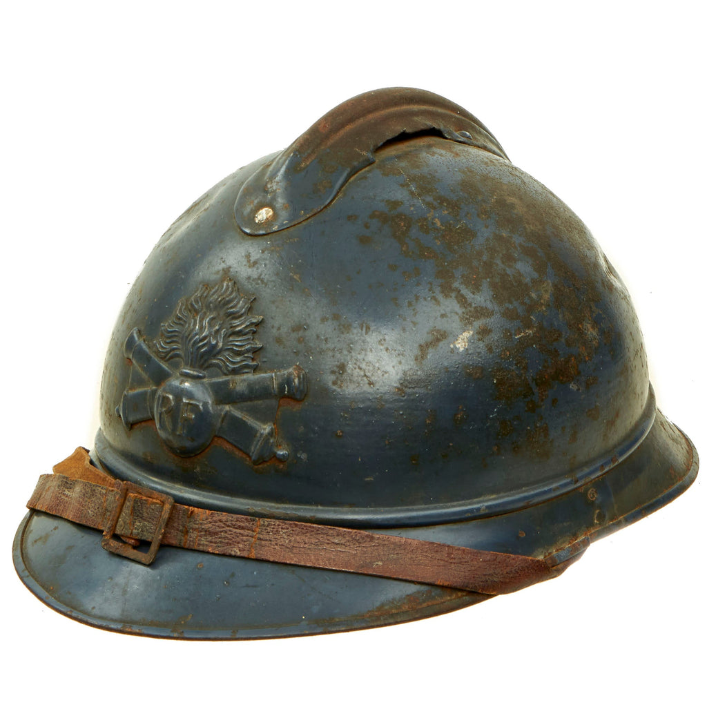 Original French WWI Issue Model 1915 Adrian Helmet in Horizon Blue with Artillery RF Badge and Early First Pattern Liner - Complete Original Items